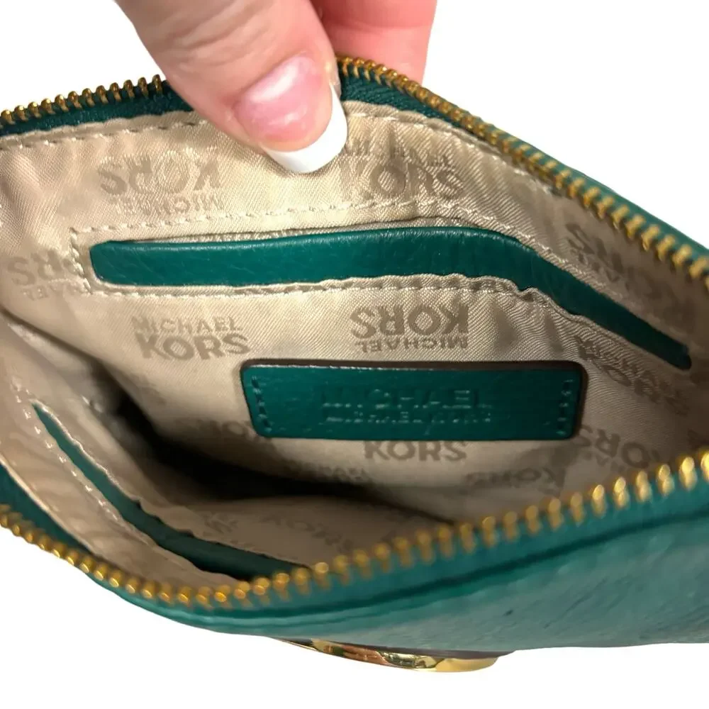 Michael Kors Fulton Leather Wristlet Deep Sea Green Pebbled Leather MK Logo - Picture 8 of 10